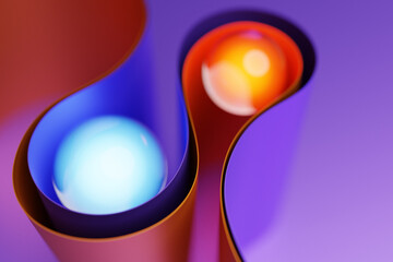 Poster - 3d illustration of a geometric  purple wave surface with glowing colorful balls inside. Pattern of simple geometric shapes