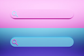 Poster - 3D illustration of the search bar. Search in internet box, website user interface panel with pink and blue theme and online search button