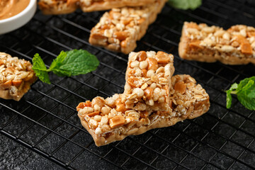 Wall Mural - Roasted Peanuts butter Cereal Bars with nuts, oat and honey. Healthy Protein snack