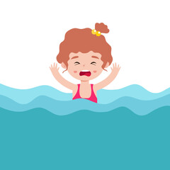 Wall Mural - Cute kid drowning in water,  is shocked. children raising hand up for needing help isolated on background cartoon flat vector illustration