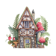 Watercolor Illustration Of Forest House With Amanita And Fern Isolated On White Background. Half-timbered House In The Garden With Mushrooms And Strawberries Hand Drawn In Vintage Style. 