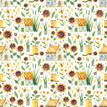 Watercolor Floral Pattern With Sunflowers, Rustic Houses And Meadow Herbs. Seamless Background With Watercolor Illustrations In The Cottage Core Style.