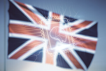 Poster - Double exposure of creative artificial Intelligence interface on British flag and blue sky background. Neural networks and machine learning concept