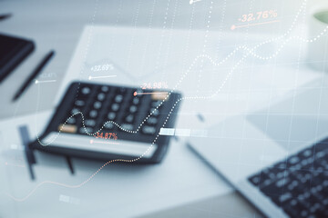 Aufkleber - Double exposure of abstract virtual statistics data hologram on blurry calculator with laptop background, statistics and analytics concept