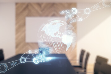 Aufkleber - Abstract virtual robotics technology hologram with globe on a modern coworking room background, artificial intelligence and machine learning concept. Multi exposure