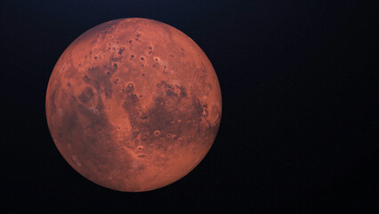 Poster - Abstract realistic beautiful planet Mars on deep space background. Animation. Flight over the Mars, black shadow moving and hiding the surface of the planet, astronomy concept.