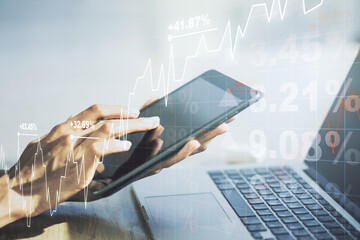 Poster - Abstract creative financial graph with finger clicks on a digital tablet on background, financial and trading concept. Multiexposure