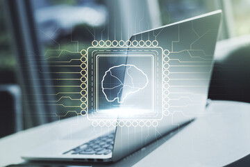 Aufkleber - Double exposure of creative human brain microcircuit with computer on background. Future technology and AI concept