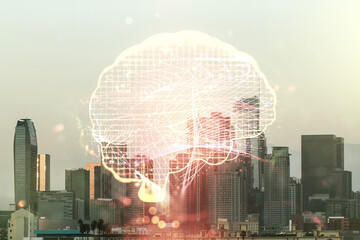 Poster - Virtual creative artificial Intelligence hologram with human brain sketch on Los Angeles cityscape background. Double exposure