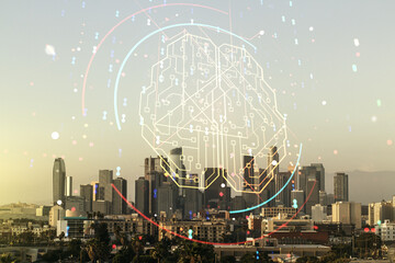 Poster - Double exposure of creative human brain microcircuit hologram on Los Angeles office buildings background. Future technology and AI concept