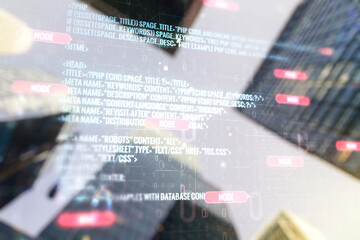 Poster - Multi exposure of abstract programming language hologram on blurry cityscape background, artificial intelligence and machine learning concept