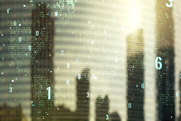 Poster - Double exposure of abstract creative programming illustration and world map on blurry cityscape background, big data and blockchain concept