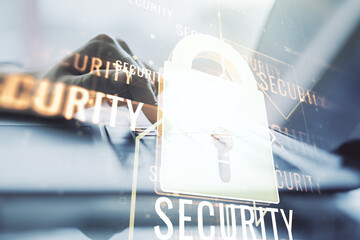 Aufkleber - Creative lock illustration with microcircuit and hands typing on computer keyboard on background, cyber security concept. Multiexposure