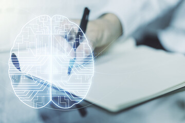 Poster - Creative artificial Intelligence concept with human brain hologram and man hand writing in notebook on background. Multiexposure