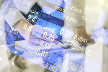 Poster - Double exposure of abstract creative statistics data hologram with man hand writing in notebook on background, statistics and analytics concept