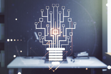 Aufkleber - Creative light bulb with chip hologram and modern desk with computer on background, artificial Intelligence and neural networks concept. Multiexposure