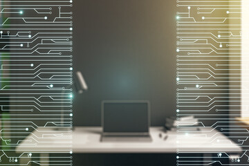 Aufkleber - Creative abstract micro circuit sketch and modern desk with computer on background, future technology and AI concept. Double exposure