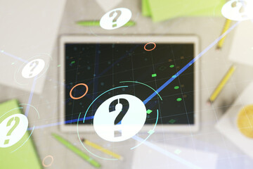 Aufkleber - Double exposure of question mark hologram and digital tablet on background, top view. Sociology and psychology concept