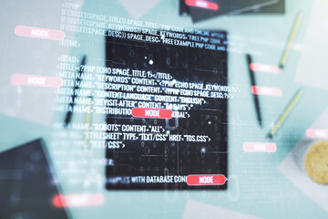 Aufkleber - Multi exposure of abstract graphic coding sketch and modern digital tablet on desktop on background, top view, big data and networking concept