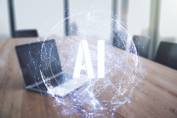 Aufkleber - Creative artificial Intelligence symbol concept with modern computer on background. Double exposure