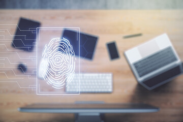 Poster - Multi exposure of abstract creative fingerprint illustration on modern laptop background, digital access concept