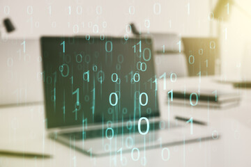 Aufkleber - Creative abstract binary code hologram on modern computer background, AI and machine learning concept. Multiexposure