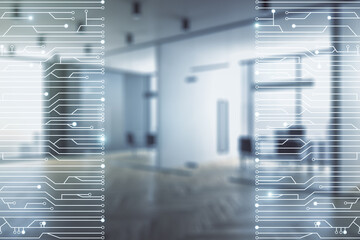 Aufkleber - Abstract virtual micro chip hologram on a modern furnished classroom background, artificial intelligence and machine learning concept. Multi exposure