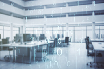 Leinwandbilder - Abstract virtual binary code illustration on a modern furnished office background. Big data and coding concept. Multiexposure