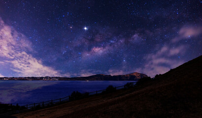 Dark milky way over the lake. with noise.