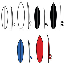 Surfboard With Fins Clipart Set - Outline, Silhouette And Color