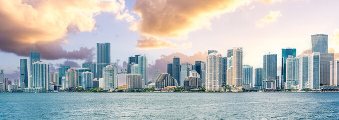 Miami Downtown skyline at sunset with Biscayne Bay