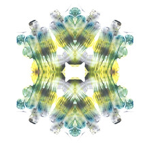 Isolated On White Green, Gray And Yellow Watercolor Painted Kaleidoscopic Canvas On White Paper. Fine Abstract Multicolor Symmetric Painting. Symmetrical Artistic Multicolored Background. Bright Color
