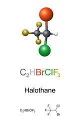 Wall Mural - halothane, ball-and-stick model, molecular and chemical formula. general anaesthetic, given by inhal