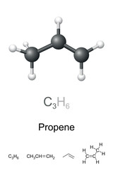 Wall Mural - propene, also propylene, ball-and-stick model, molecular and chemical formula. hydrocarbon. second s