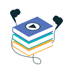 Audiobook book and earbuds headphones icon vector. Text book with play button icon vector isolated on a white background. Fun listening to books