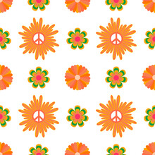 1970 Daisy Vector Seamless Pattern With Peace Sign