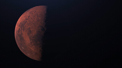 Poster - Abstract realistic beautiful planet Mars on deep space background. Animation. Flight over the Mars, black shadow moving and hiding the surface of the planet, astronomy concept.