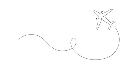 Poster - Airplane path in One Continuous line drawing. Business Concept of world travel and international flight airline with trace in simple linear style. Editable stroke. Doodle Vector illustration