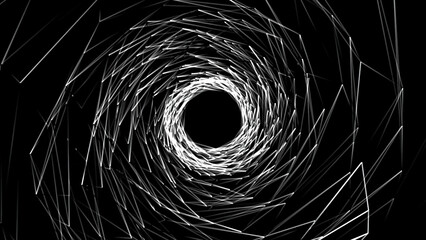 Poster - Abstract background with animation of white geometric shapesin and abstract futuristic tunnel with light. Animation of seamless loop. animation of rotation circles and rings with light rays and glow