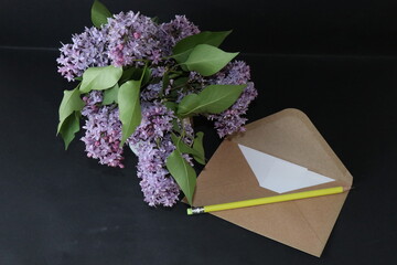 Wall Mural - A bouquet of lilacs in a vase, a notebook and pencil, an envelope isolated on a black background