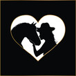 Girl kissing her horse in love. Equestrian hat-wearing women in the golden heart border frame vector. 