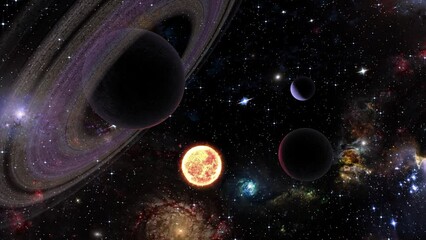 Wall Mural - Space flight slowly moving through universe among planets galaxies stars and nebulae