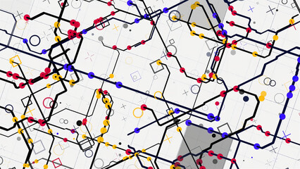 Poster - Electric scheme circuit with bright abstract signals flowing into different directions on white background. Animation. Neural network and big data, artificial intelligence, matrix concept, seamless