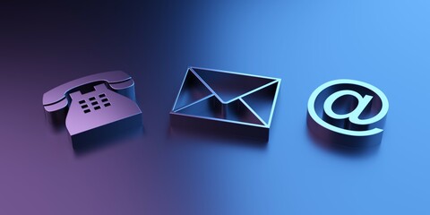 Metal telephone, envelope letter and e-mail symbols on pink and blue lit background, modern contact us symbols or banner