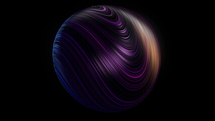 Poster - Abstract 3D ball covered with many narrow curved lines rotating isolated on black background, seamless loop. Animation. Beautiful sphere with many bended neon stripes.