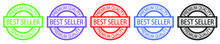 Set Of Round Best Seller Premium Quality Stamps. Label Or Seal. Product Quality Logo. Bestseller Cachet. Round Print. Top Seller. Red, Blue, Purple, Black And Green.