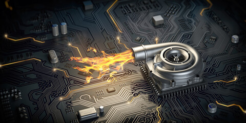 Poster - CPU microchip turbocharger with fire flame on computer motherboard. Processor overclocking concept background.