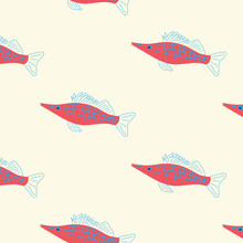 Modern Seamless Pattern With Red Fish On A Yellow Background. Vector Drawing. Cute Colorful Background.