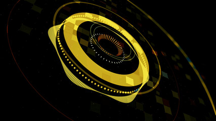 Poster - Colorful circles of moving audio equalizer on black background. Animation. Audio waves visual effects, seamless loop, parties and electronic music concept.