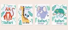 Safari Animal Jungle Greeting Cards Template Print Concept. Vector Flat Graphic Design Element
